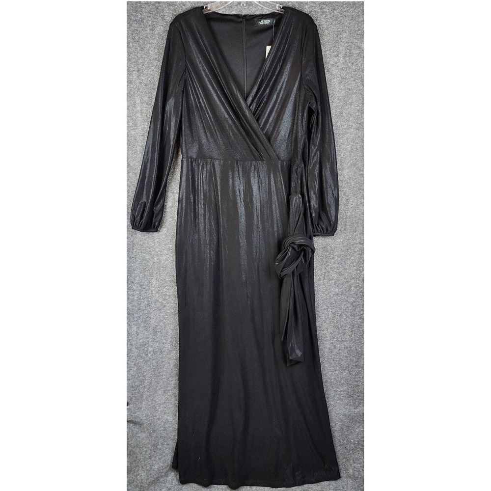 Lauren Ralph Lauren Dress Womens 14 Maxi Black Metallic Luster Side Tie NEW